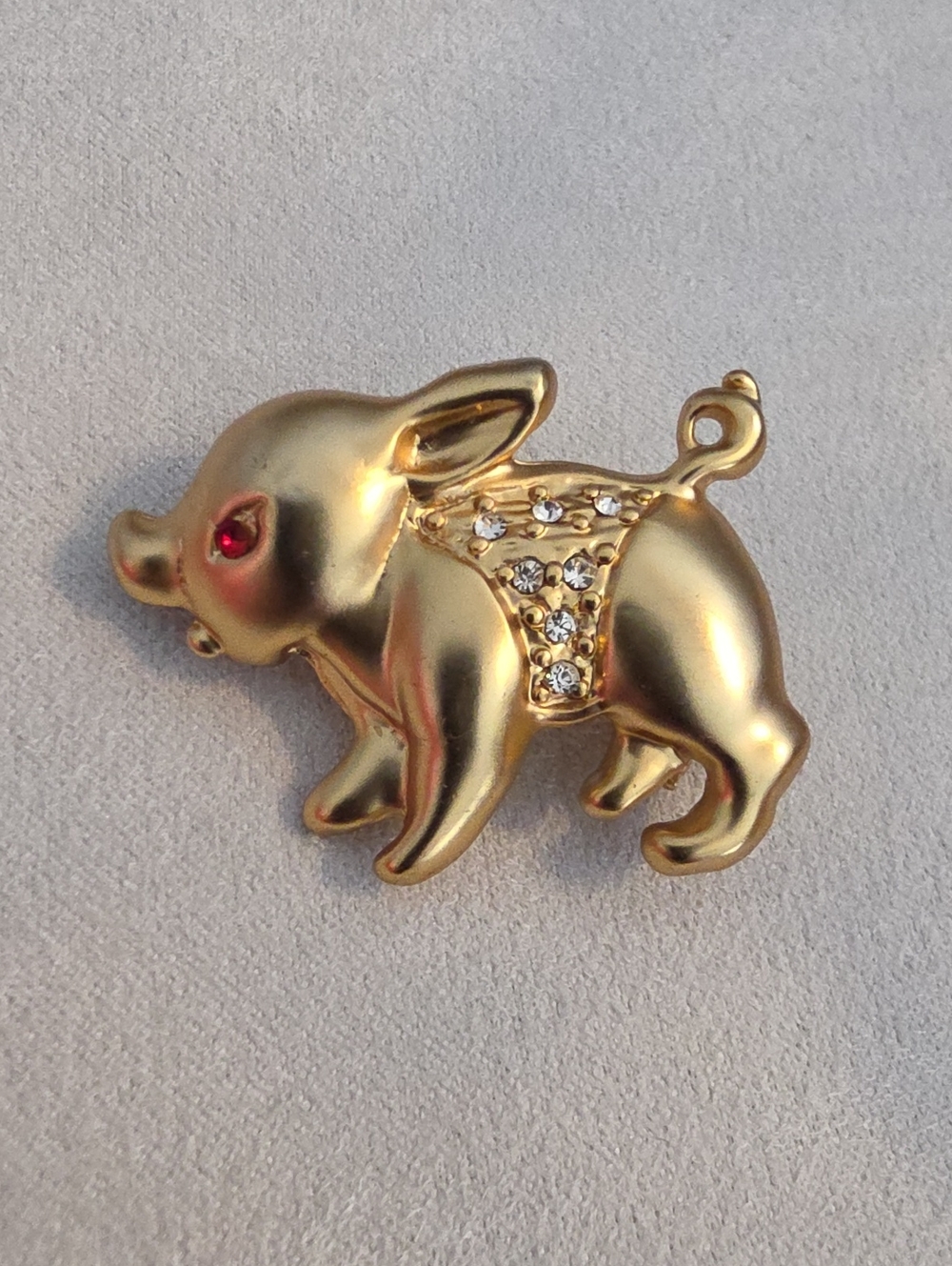 Vintage Cabouchon Pig Brooch Gold-tone Metal With Rhinestones